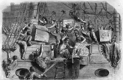 Fiesta del té de Boston. Guerra de Independencia de EE.UU.: revuelta de los colonos americanos (de origen británico) contra los impuestos impuestos por el Parlamento inglés sobre el té y otros alimentos. Se disfrazan de indios y arrojan la carga de té al m de Unknown artist