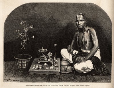 Brahmán arrodillado ante el altar de ofrendas, rezando. Grabado para ilustrar el viaje en las provincias meridionales de la India, por Alfred Grandidier, en 1862-1864, publicado en "le tour du monde", editado por Edouard Charton, Hachette, París 1869 de Unknown artist