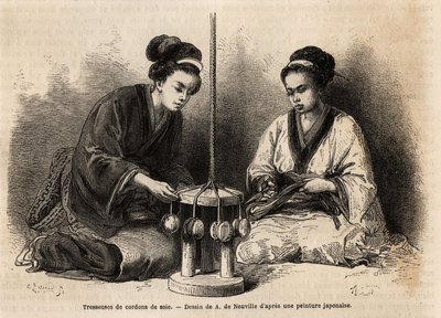 Trenzadores de cordones de seda, en su taller en Yedo (o Edo, actual Tokio); estas trenzas son muy extendidas ya que se utilizan para arreglar y mantener trajes militares y civiles (los japoneses desconocen el botón y el clip para atar la ropa). Grabado de Unknown artist