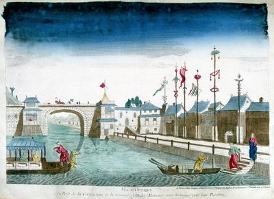 Puente de Cochinchina y barcos distinguidos saliendo de los pabellones. Grabado de finales del siglo XVIII de Unknown artist