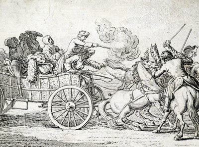 Bandidos atacando a pasajeros en un carro. Grabado anónimo del siglo XVIII. de Unknown artist