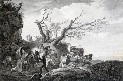 Bandidos atacando viajeros en un camino rural. Grabado anónimo del siglo XVIII de Unknown artist