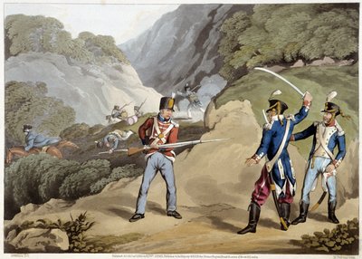 Soldado británico capturó a dos oficiales franceses en la Batalla de los Pirineos - en “Anecdotas Históricas, Militares y Navales...” de Edward Orne de Unknown artist