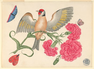 Pájaro marrón con cabeza roja en tallo de clavel con mariposas de Unknown artist