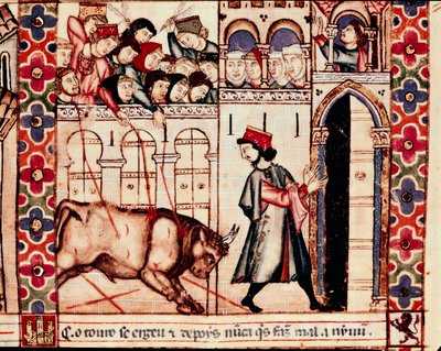Tauromaquia: el toro mata en la arena durante las fiestas tradicionales de Plasencia en España, Canto 144. Miniatura del himno de Santa María de Unknown artist