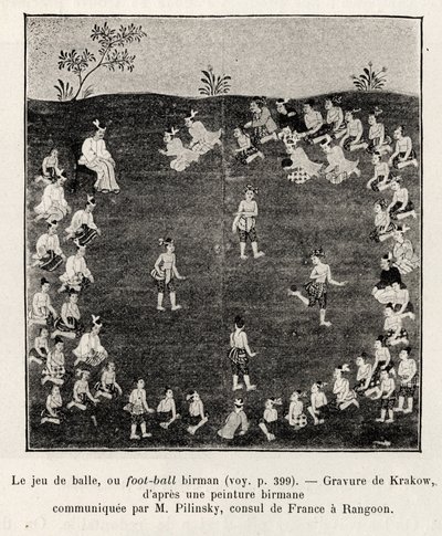 Fútbol birmano o juego de pelota. Grabado de Krakow para ilustrar la historia 