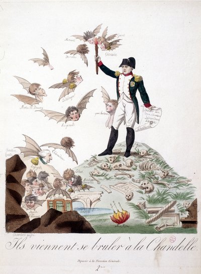 Caricatura sobre Napoleón I representado en una colina cubierta de esqueletos y sosteniendo una vela que quema las alas de personajes (Merlin de Douai, Regnault...) representados como murciélagos - en Napoleón I, caricaturas, colección ficticia. 1814 - 181 de Unknown artist