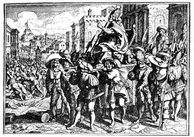 Caricatura sobre el Papa Inocencio I durante la invasión y saqueo de Roma por Alarico I, Rey de los Visigodos, en 410 (Saqueo de Roma). Grabado - en 