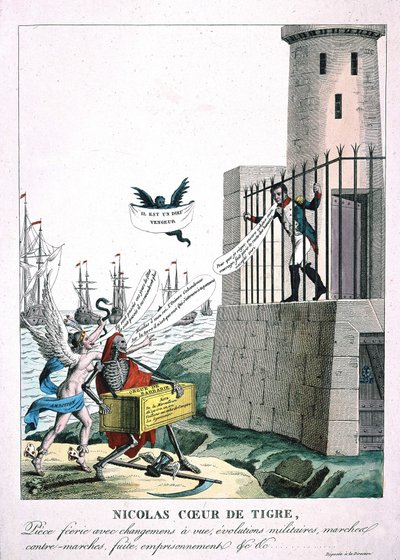 Caricatura contra Napoleón I con personificación de la ambición y la muerte, c. 1815 de Unknown artist