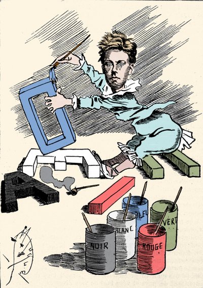 Caricatura que representa al poeta Arthur Rimbaud (1854-1891) cubriendo letras del alfabeto con pintura. Grabado de “Hombres de Hoy” de Unknown artist