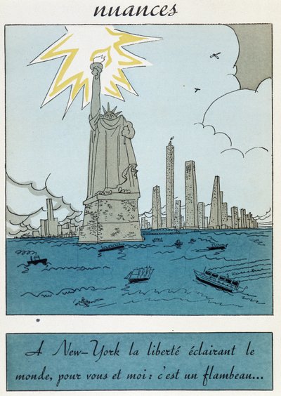 Caricatura de la Estatua de la Libertad en los Estados Unidos: “Libertad en Nueva York iluminando el Mundo, para ti y para mí es una antorcha” de Unknown artist