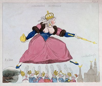 Catalina II saltando de Rusia a Constantinopla sobre soberanos europeos, caricatura, finales del siglo XVIII de Unknown artist