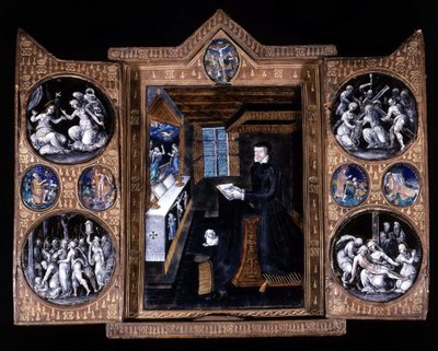Catherine de Medicis (Caterina de Medici) (1519-1589) en oración - tríptico de esmalte y cuero de Unknown artist