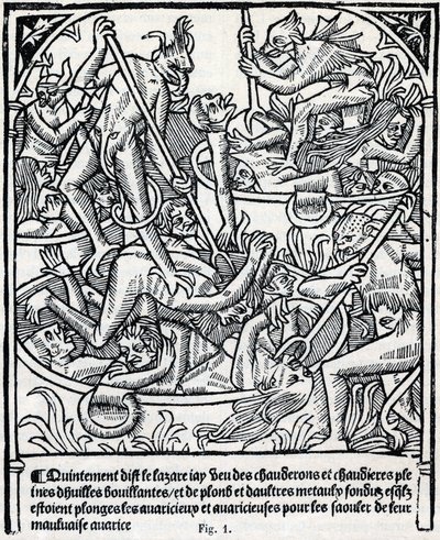 Calderos llenos de aceite y plomo hirviendo en los que los demonios sumergen a los codiciosos para emborracharlos con su mala avaricia. de Unknown artist