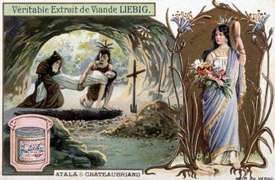 Chactas y el padre Aubry entierran a Atala y retrato de la heroína - Escena de Atala o Los Amores de dos salvajes en el desierto, por François René de Chateaubriand (1768-1848) - cromolitografía de Liebig de Unknown artist