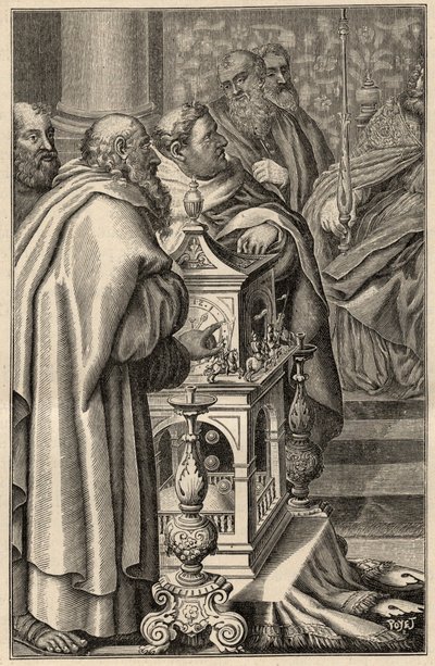 Carlomagno recibiendo el regalo de una clepsidra (reloj de agua) de Harun al-Rashid - En 797 el califa de Bagdad, Haroun ar-Rachid (765-809) ofrece a Carlomagno una clepsidra (reloj de agua, medición del tiempo) emblemática del conocimiento tecnológico de  de Unknown artist