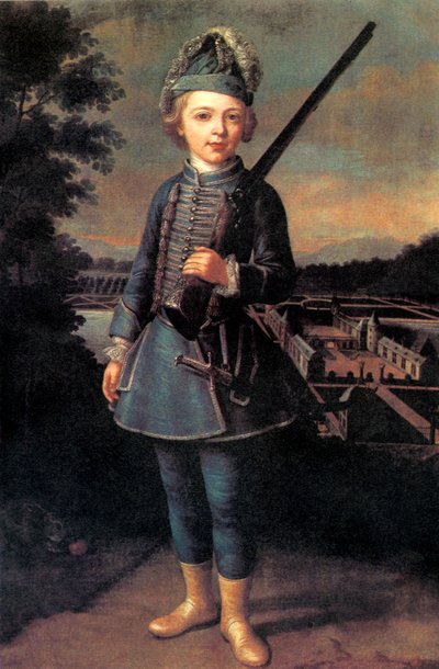 Charles-Joseph de Ligne a la edad de 10 años con un uniforme de fantasía, delante del castillo de Beloeil de Unknown artist