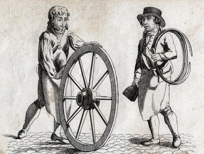 Carpintero con rueda de carro y aprendiz. Grabado finales del siglo XVIII. de Unknown artist