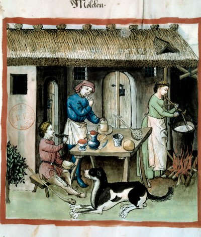 Elaboración de queso. Iluminación del libro de medicina y dietética 