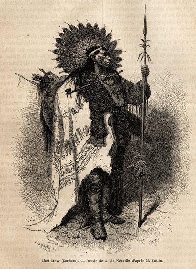 Jefe Yellow Moccassin, de la tribu india Crow, que vive a lo largo del río Lewis. Grabado para ilustrar una excursión entre las tribus indias de las cuencas de Colombia y el Alto Missouri, por G. Catlin, en 1855, publicado en 