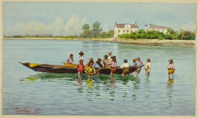 Niños con barca en la laguna veneciana de Unknown artist