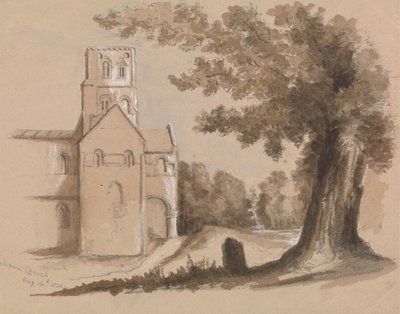 Iglesia con árbol y lápida en primer plano de Unknown artist