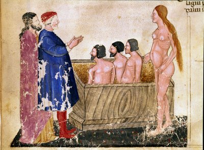Círculo de aduladores: Dante y Virgilio se encuentran con Alessio Interminelli (o Intermineii), Señor de Lucca, y Thais la prostituta. Página iluminada que ilustra el canto 18 del Infierno de la “Divina Comedia” de Dante Alighieri (1265-1321). Siglo XIV, V de Unknown artist