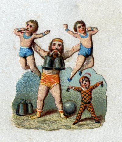 Circo: un alterófilo levanta a dos hombres a la altura del brazo mientras sostiene un peso entre los dientes para demostrar lo que pueden hacer sus músculos. Cromolitografía alrededor de 1890. de Unknown artist