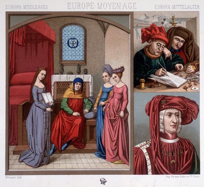 Trajes civiles en la Edad Media en el siglo XV. Arriba a la derecha: cambistas en Amberes. Abajo a la derecha: retrato de Maximiliano de Austria (1459-1519) después de Quentin Metzys. En "El traje histórico" de A. Raquet de Unknown artist