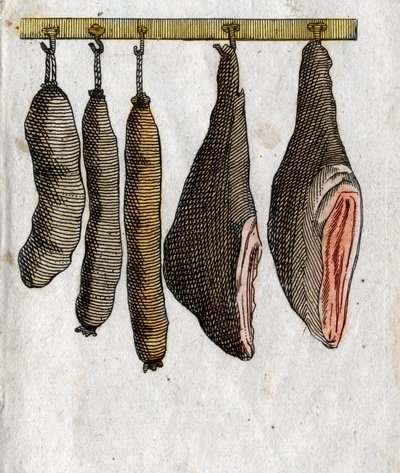 Embutidos: ganchos de carne fría con jamón y salchicha suspendida. Grabado de finales del siglo XVIII. Colección privada. de Unknown artist