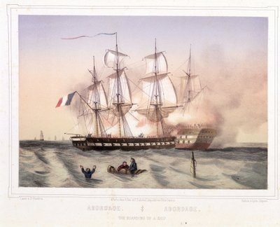 Colisión de un barco con la bandera francesa por piratas - litografía de Unknown artist