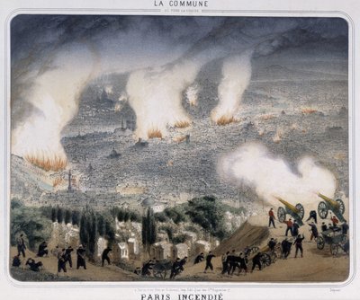 Comuna de París: Incendio de París. Comuneros disparando cañones hacia París. 1871. de Unknown artist