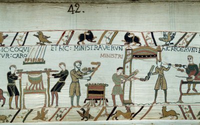 Conquista de Inglaterra por el Duque de Normandía Guillermo el Conquistador en 1066: preparación del festín para el Duque y su armadura antes de la Batalla de Hastings de Unknown artist