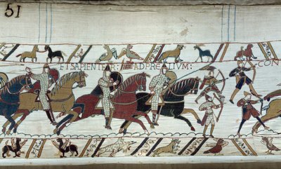 Conquista de Inglaterra por el Duque de Normandía Guillermo el Conquistador (1027-1087) en 1066: el comienzo de la Batalla de Hastings (detalle) de Unknown artist