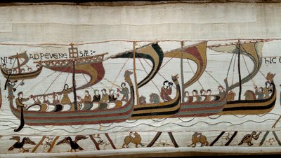 Conquista de Inglaterra por el Duque Normando Guillermo el Conquistador en 1066: la flota normanda se acerca a la costa inglesa en Pevensey (detalle) de Unknown artist