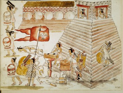 Conquista de México: destrucción de Tenochtitlán, capital del imperio azteca, por los ejércitos del conquistador Hernán Cortés (1485-1547) el 24/06/1520. Miniatura de un manuscrito de Unknown artist
