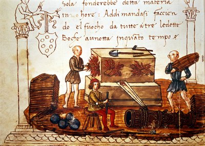 Construcción de una bomba (mortero) en el siglo XV. Del libro de matemáticas de Giuliano de 