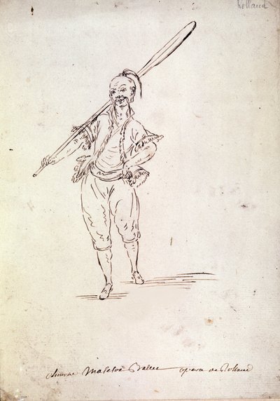 Vestuario para el personaje de Roland en la ópera del mismo nombre del compositor Niccolò Vito Piccinni (1728-1800) después de un libreto de Jean François Marmontel (1778). Dibujo de finales del siglo XVIII de Unknown artist