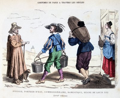 Traje de un hombre ciego, un aguador, un comisionado, un sirviente en el siglo XVII durante el reinado de Luis XIII. En Trajes de París a través de los siglos. de Unknown artist