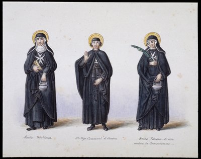 Vestimentas: 1. Santa Ubaldesca, 2. San Ugo Comendador de Génova, 3. Santa Toscana de vida. s.d. siglo XIX de Unknown artist