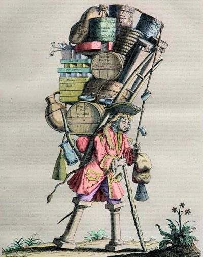 Trajes de París a través del siglo - Grabado n° 81 titulado “Admire la Fuerza” - Caricatura hecha por boticarios contra Armand Nompar II de Caumont (1679-1761) Duque de La Force acusado de monopolio en 1721 de Unknown artist