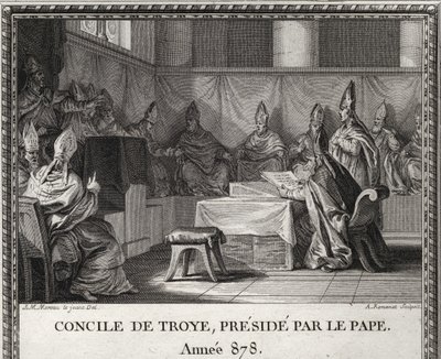 Consejo de Troye el 7 de septiembre de 878. En mayo de 878, el Papa Juan VIII amenazado por sarracenos y nobles italianos, vino a refugiarse en Arles bajo el duque Boson y su esposa Ermengarde. Lo acompaña en Troyes donde organiza un gran consejo de Unknown artist