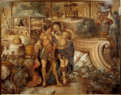 Pareja: una mujer con un indio frente a una plantación de azúcar en las Indias Occidentales. Pintura anónima de Unknown artist