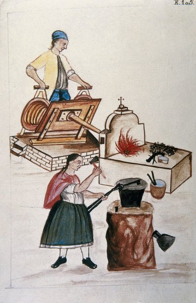 Pareja de mestizos de Moyobamba trabajando el hierro en una forja, del libro "Trujillo del Perú" o "Códice Martínez Compañón", por Baltazar Martínez Compañón y Bujanda, obispo de Trujillo (1782-1785) de Unknown artist