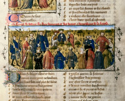 Entretenimientos de la corte: bailes y juegos. La escena tiene lugar en presencia de los dioses del Amor, la Belleza, la Entrega, la Franquicia, la Cortesía y la Juventud. Miniatura de "El Romance de la Rosa". Siglo XIV Valencia. Biblioteca universitaria. de Unknown artist