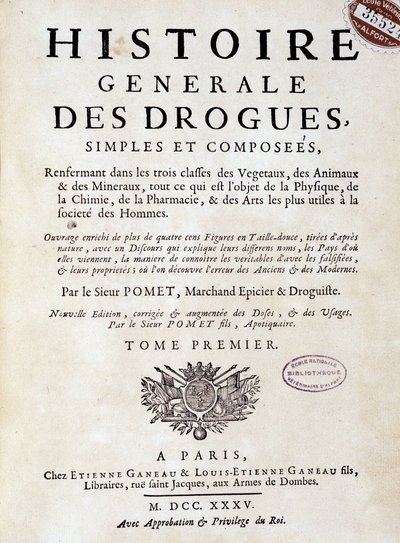 Portada de la "Historia General de las Drogas, Simples y Compuestas" por Pomet de Unknown artist