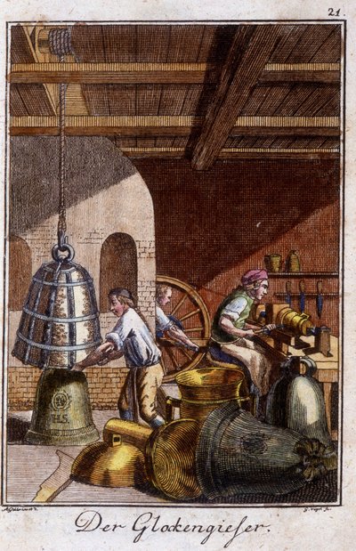 Artesanía: el fabricante de campanas en su taller. En “Descripción integral de artes y oficios y talleres para jóvenes” de Johan Peter Vue. Ed. Núremberg, Weigel y Schneider de Unknown artist