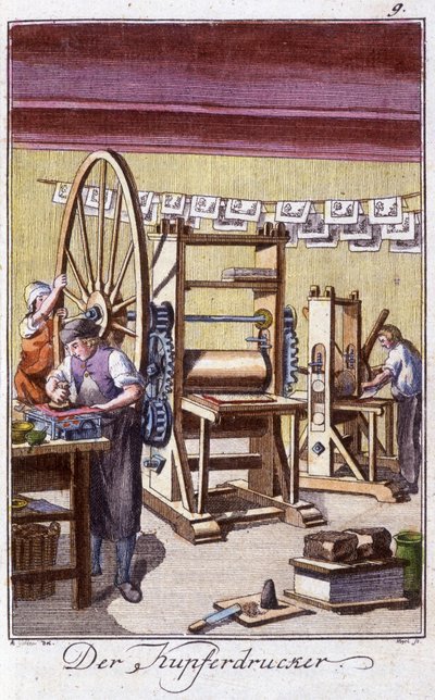 Oficio artesanal: el grabador en cobre en su taller. En “Descripción completa de artes y oficios y talleres para jóvenes” por Johan Peter Vire. Ed. Núremberg, Weigel y Schneider de Unknown artist