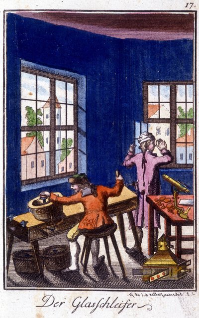Oficio artesanal: el vidriero en su taller. En “Descripción completa de artes y oficios y talleres para jóvenes” por Johan Peter Vue. Ed. Nuremberg, Weigel y Schneider de Unknown artist