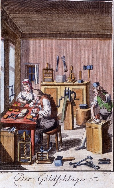 Oficio artesanal: el tamborilero de oro en su taller. En “Descripción integral de artes y oficios y talleres para jóvenes” por Johan Peter Vue. Ed. Nuremberg, Weigel y Schneider de Unknown artist
